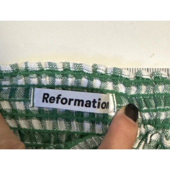 NWOT Reformation Cerise Size Small Smocked Puff Sleeve Linen Dress Green White - Picture 6 of 9